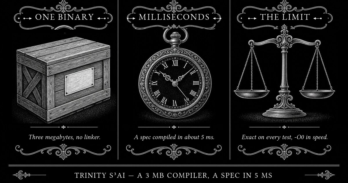 Three-panel engraved illustration for: A 3 MB compiler that turns a spec into AArch64 code in 5 ms, and where it still loses