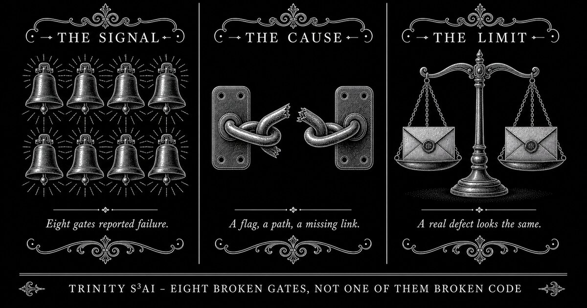 Three-panel engraved illustration for: Eight broken gates in one day, and not one of them was broken code