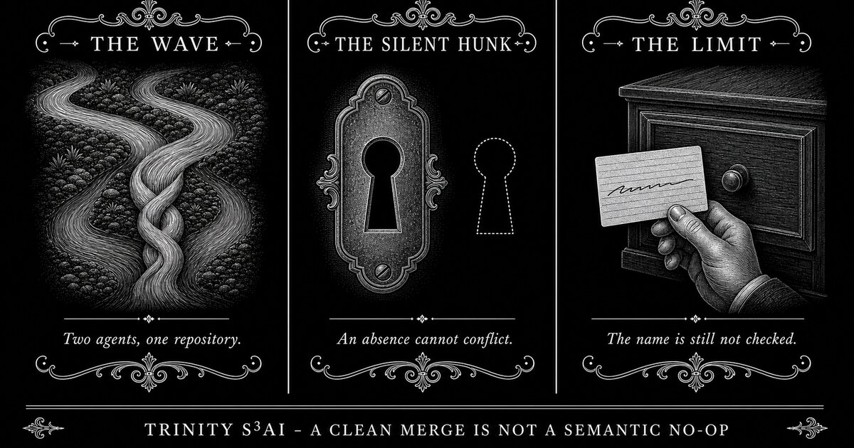 Three-panel engraved illustration for: A clean merge is not a semantic no-op