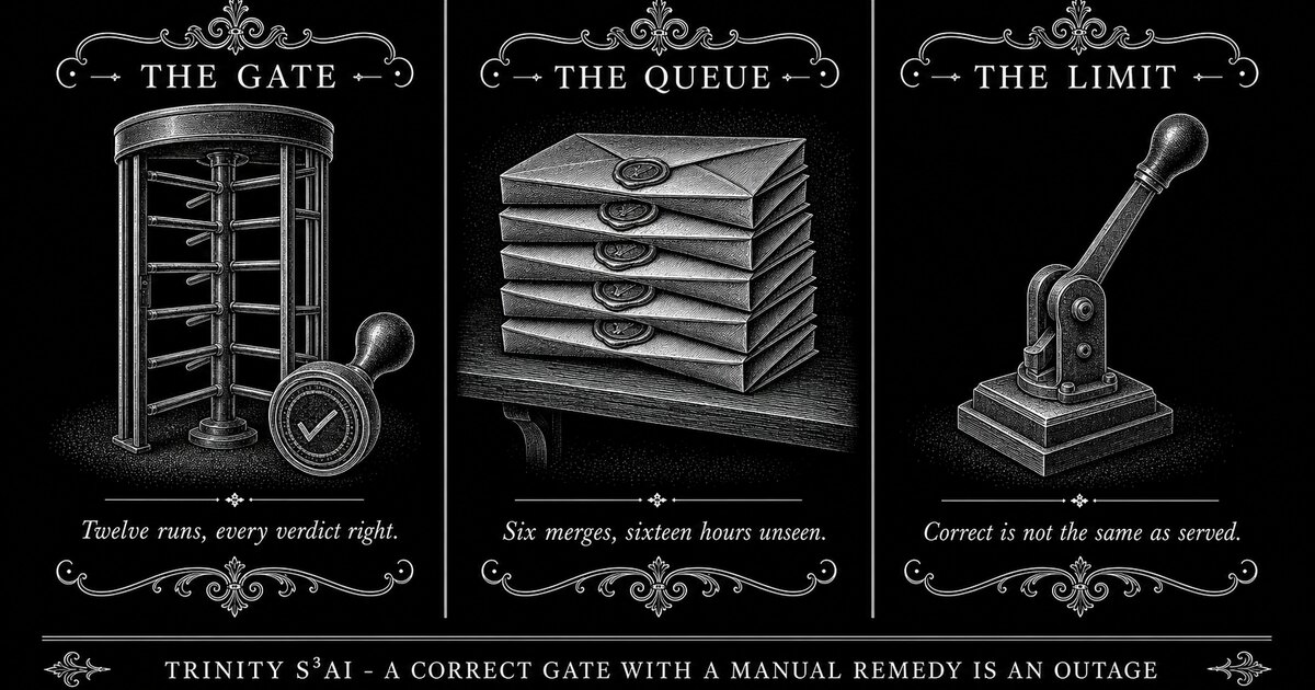 Three-panel engraved illustration for: A correct gate with a manual remedy is an outage