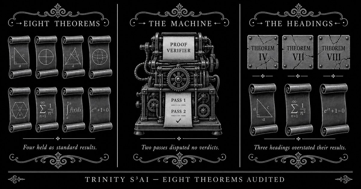 Three-panel engraved illustration for: I checked my own eight theorems by machine. Four held, three headings were wrong