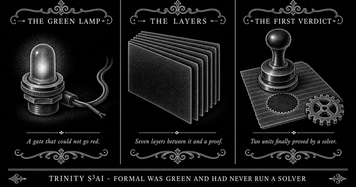 Three-panel engraved illustration for: Formal was green and had never run a solver