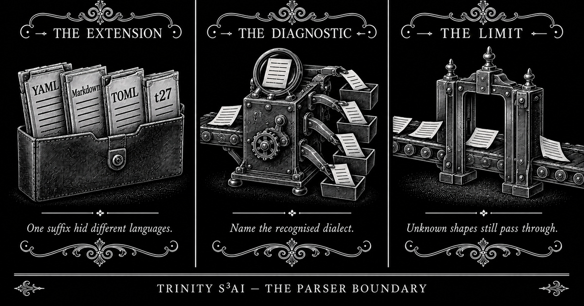 Three-panel engraved illustration for: Four languages shared one .tri extension