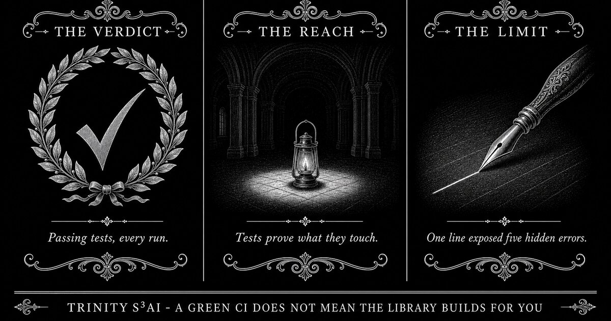 Three-panel engraved illustration for: A green CI does not mean the library builds for you