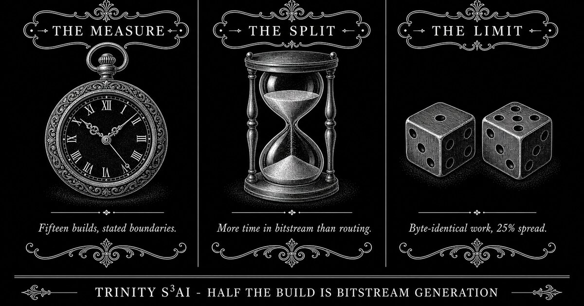 Three-panel engraved illustration for: Half the build is bitstream generation, and the trivial design was the slow one