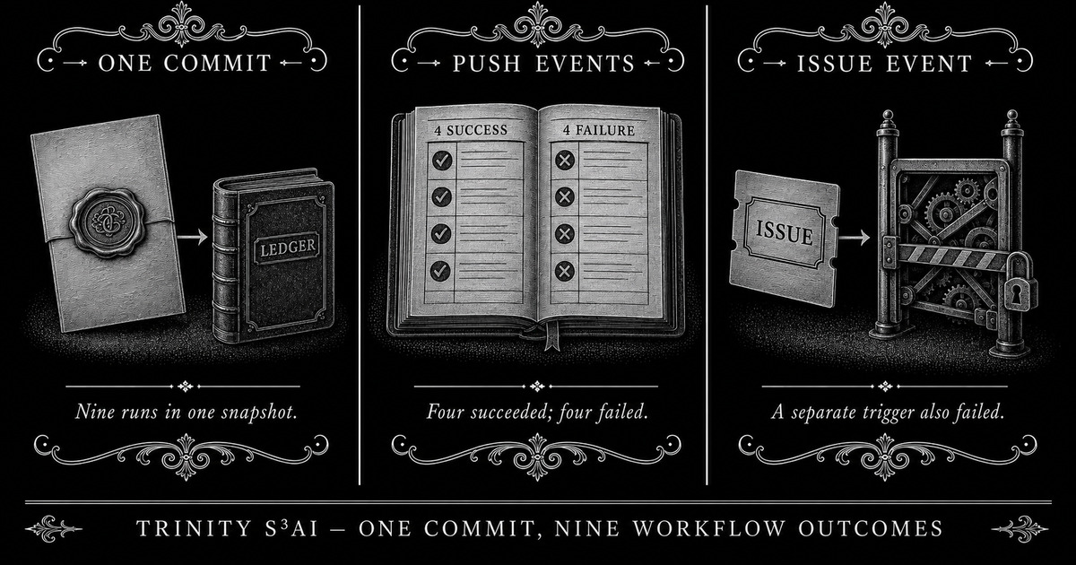 Three-panel engraved illustration for: One commit, nine workflow outcomes