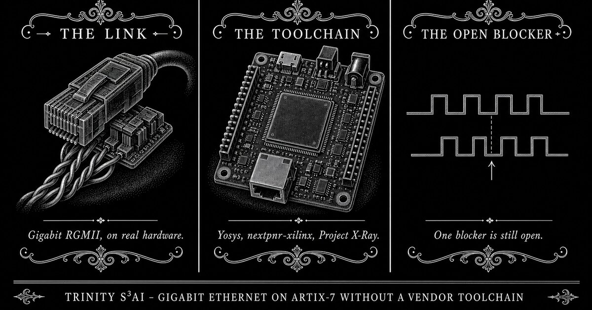 Three-panel engraved illustration for: Gigabit Ethernet on Artix-7 without a vendor toolchain