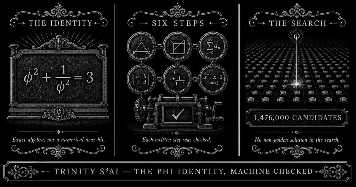 Three-panel engraved illustration for: phi^2 + 1/phi^2 = 3, checked every way I could think of