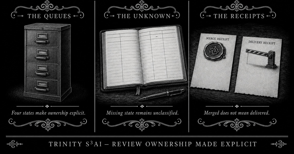 Three-panel engraved illustration for: PR #888 made review ownership explicit