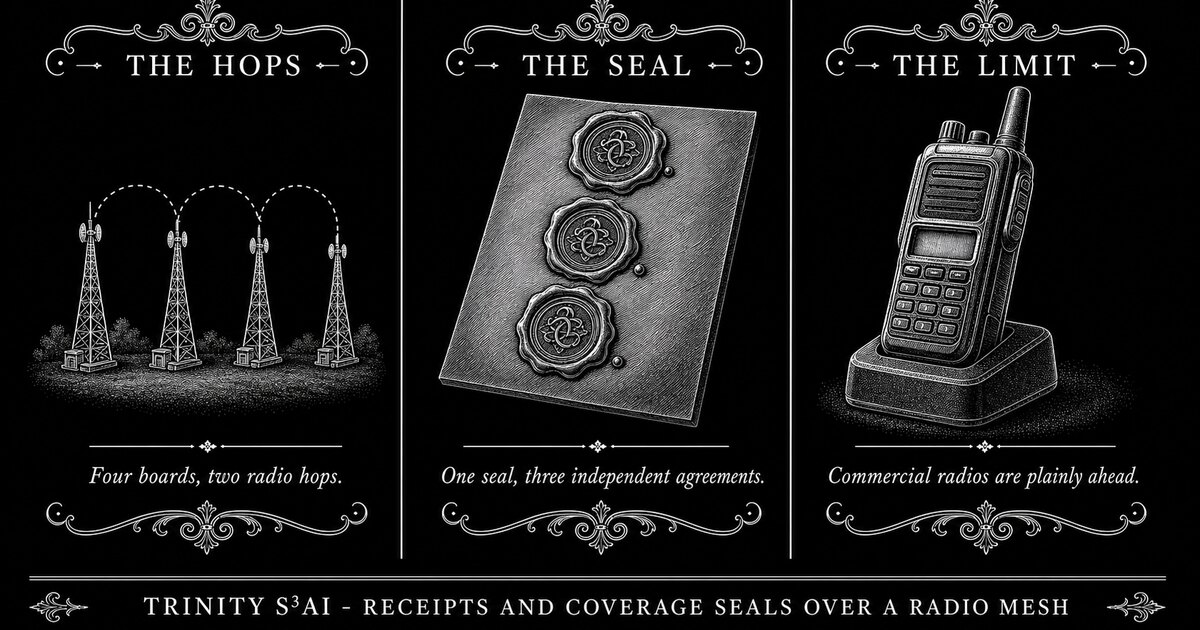 Three-panel engraved illustration for: Receipts and coverage seals over a radio mesh