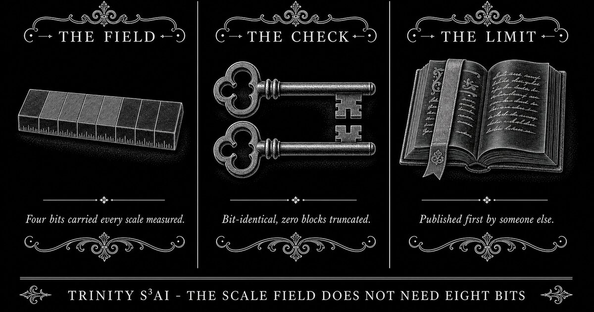 Three-panel engraved illustration for: The scale field does not need eight bits, and we were not the first to say so