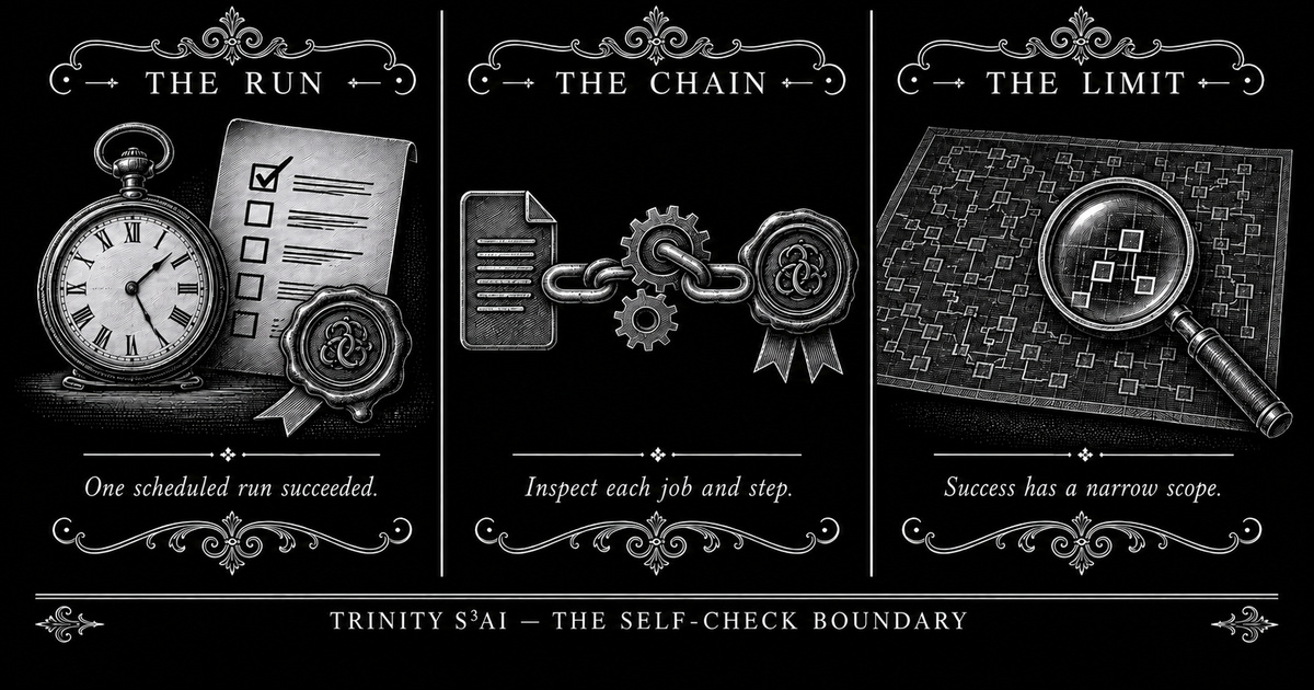Three-panel engraved illustration for: A green self-check still had a boundary