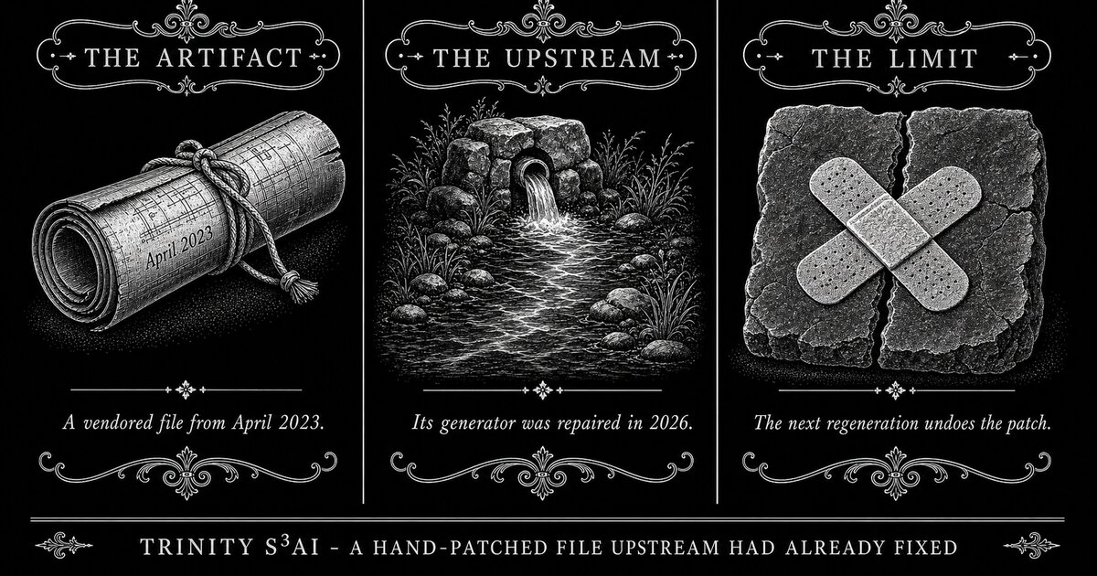 Three-panel engraved illustration for: We hand-patched a generated file that upstream had fixed five months earlier