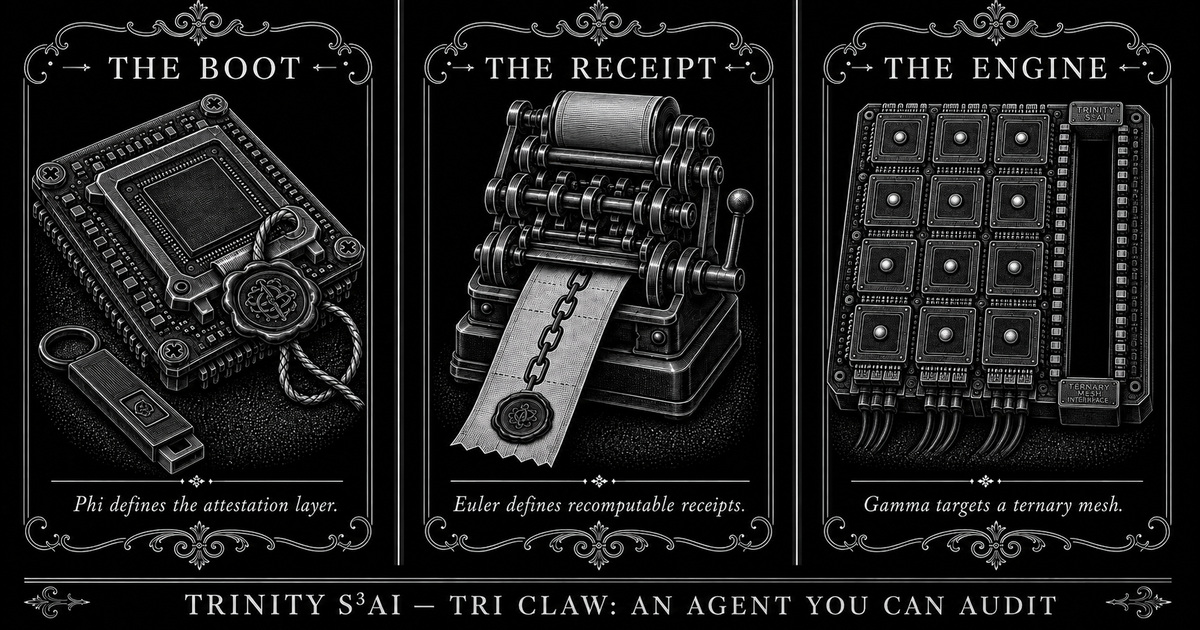 Three-panel engraved illustration for: TRI CLAW: an agent you can audit