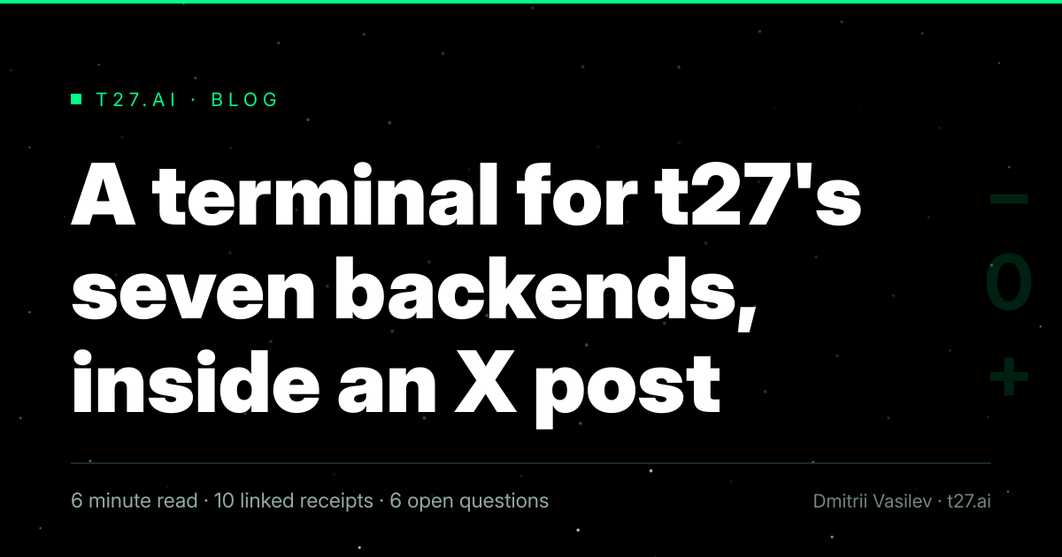 Three-panel engraved illustration for: A terminal for t27's seven backends, inside an X post