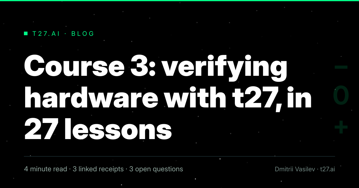 Three-panel engraved illustration for: Course 3: verifying hardware with t27, in 27 lessons
