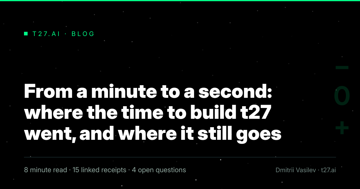 Title card, no illustration yet, for: From a minute to a second: where the time to build t27 went, and where it still goes