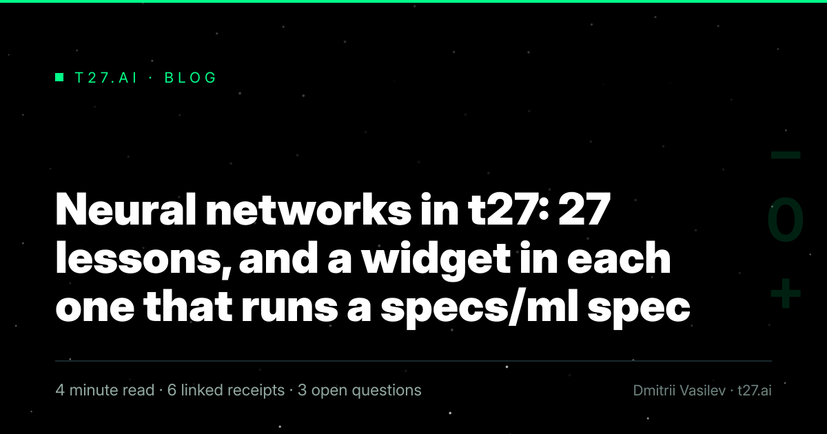 Title card, no illustration yet, for: Neural networks in t27: 27 lessons, and a widget in each one that runs a specs/ml spec