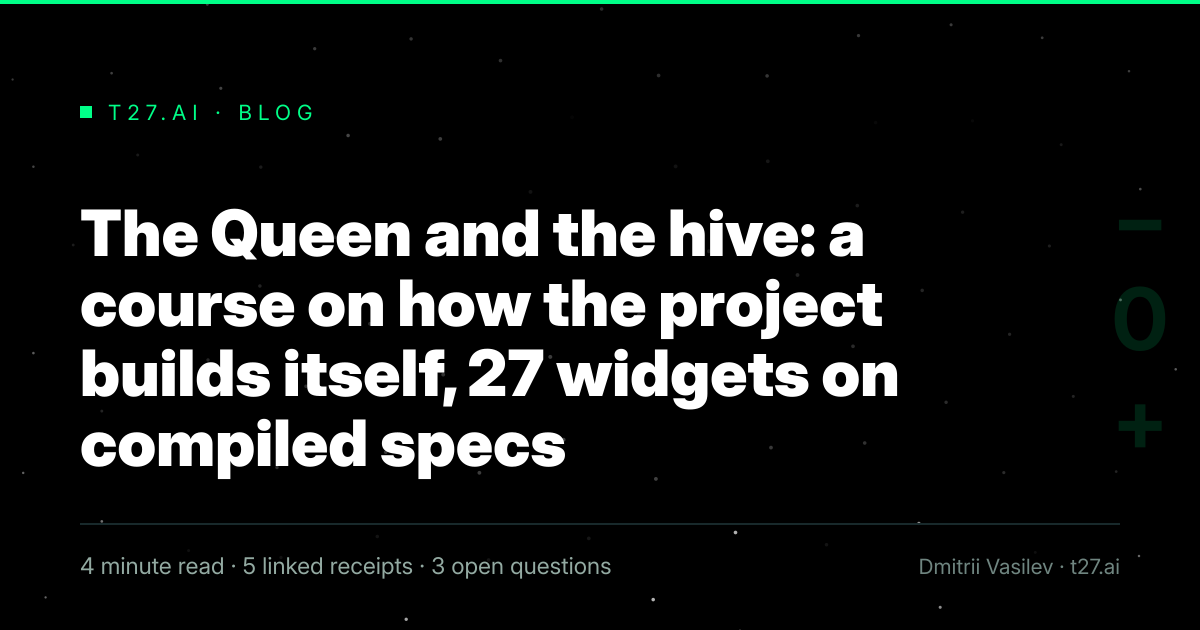 Title card, no illustration yet, for: The Queen and the hive: a course on how the project builds itself, 27 widgets on compiled specs