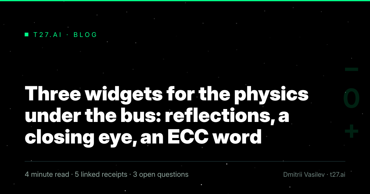 Title card, no illustration yet, for: Three widgets for the physics under the bus: reflections, a closing eye, an ECC word
