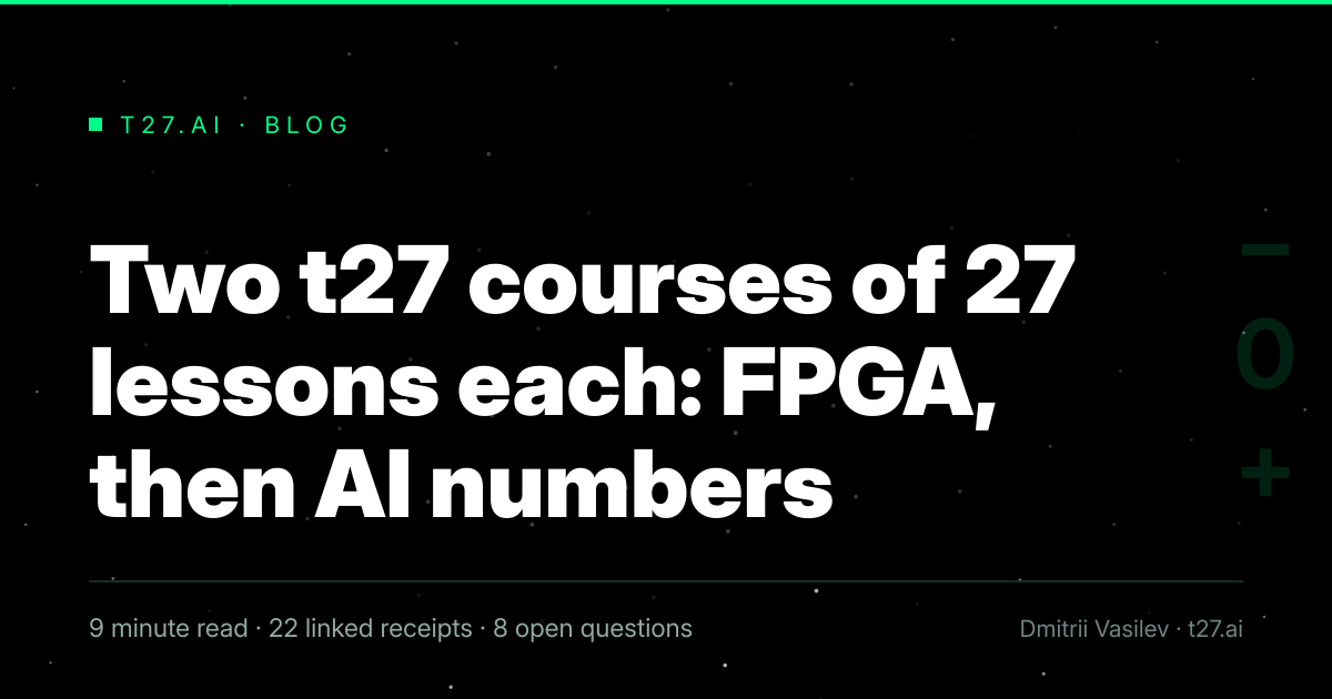 Three-panel engraved illustration for: Two t27 courses of 27 lessons each: FPGA, then AI numbers