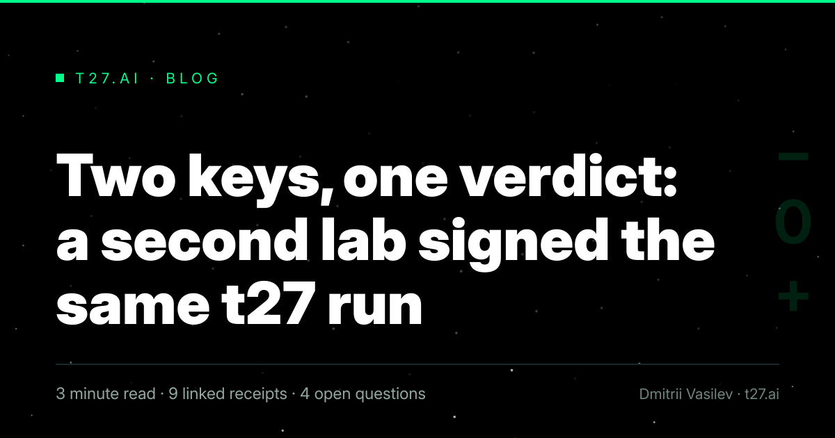Title card, no illustration yet, for: Two keys, one verdict: a second lab signed the same t27 run