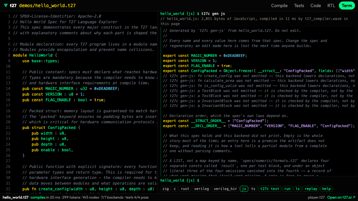 hello_world.t27 to JavaScript, in a terminal inside the post