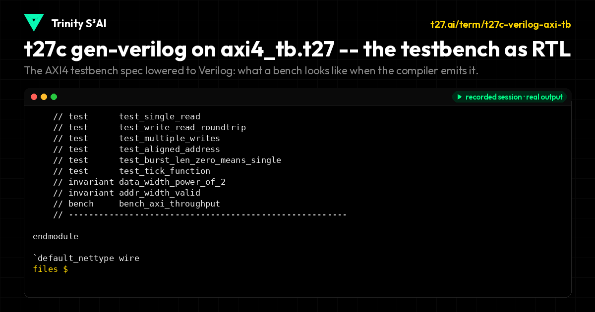 t27c gen-verilog on axi4_tb.t27 -- the testbench as RTL