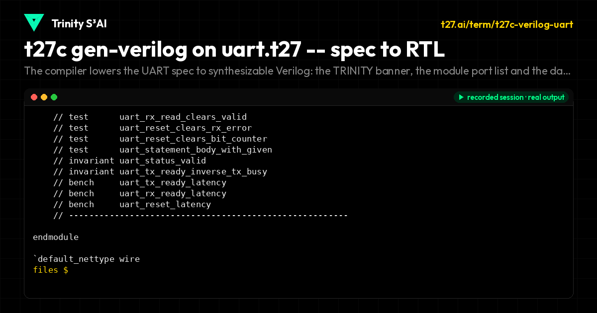 t27c gen-verilog on uart.t27 -- spec to RTL