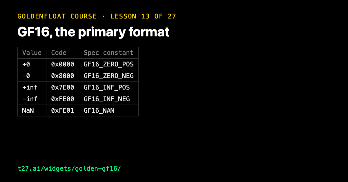 GoldenFloat 13: GF16, the primary format